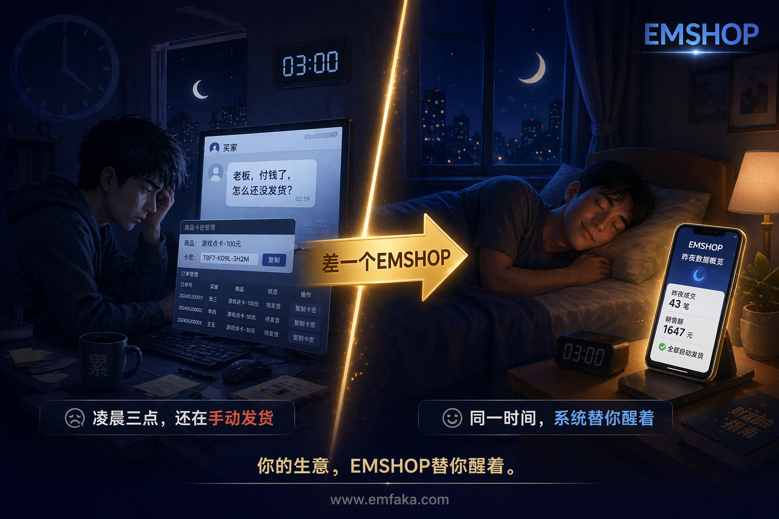 还在熬夜手动发货？EMSHOP让机器替你赚钱，你去过想要的生活-EMSHOP发卡官网