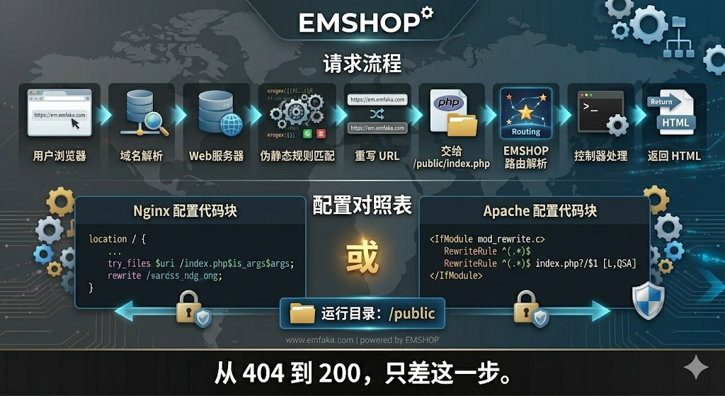 404背后的秘密：EMSHOP发卡系统伪静态配置与路由机制深度解析
