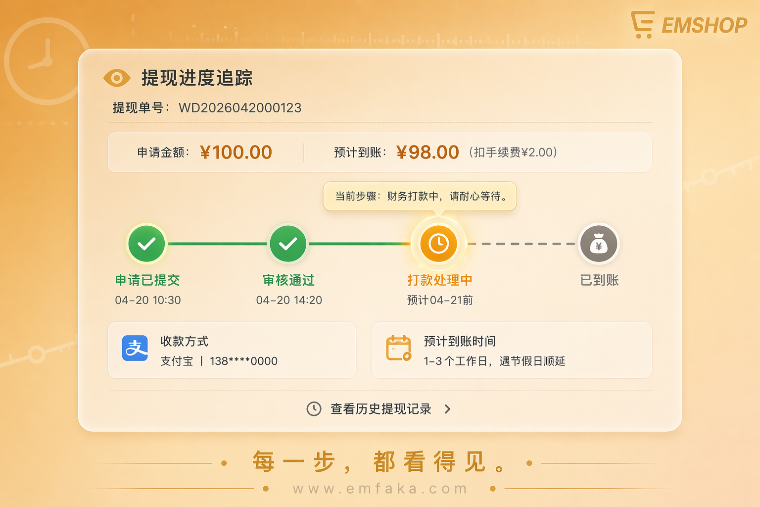 【更新预告】EMSHOP佣金提现进度实时追踪功能即将上线-EMSHOP发卡官网