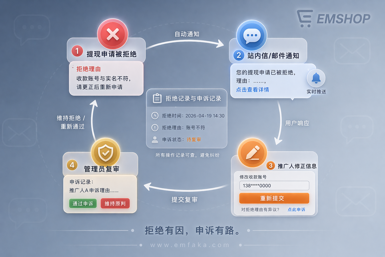 【更新预告】EMSHOP提现拒绝将支持理由反馈与申诉机制，拒绝不再是终点-EMSHOP发卡官网