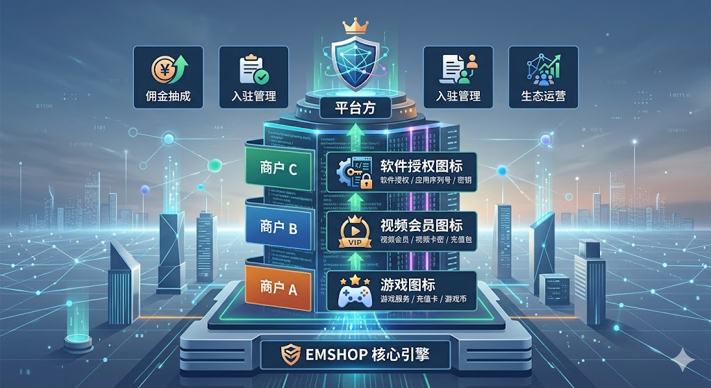 从卖卡个体户到平台运营方:EMSHOP多商户系统如何帮你搭建自己的发卡帝国-EMSHOP发卡官网