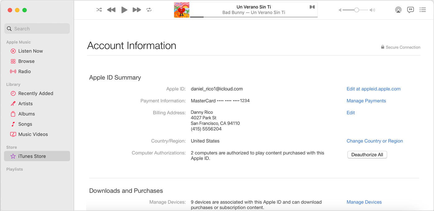 “帐户信息”页面包含“更改国家或地区”按钮。